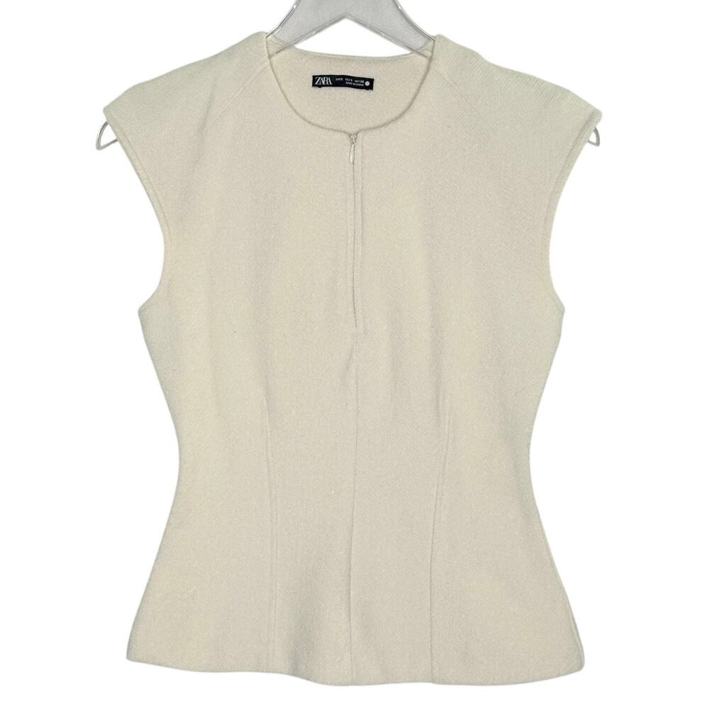 Zara Structured Tailored Sleeveless Top S Cream Zip Collar Flattering Clean Girl